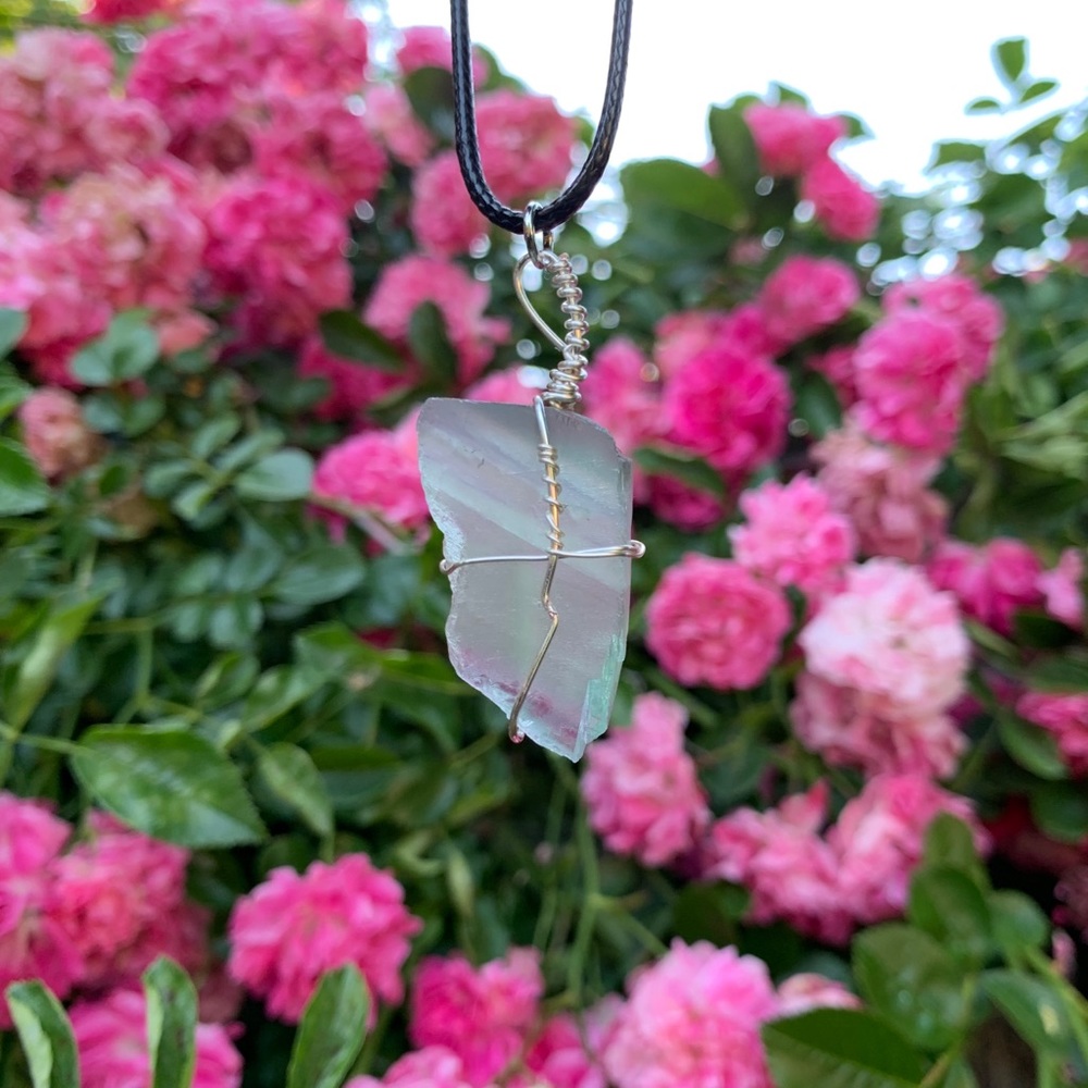 Crystal Fluorite Stone Necklace | Wire Wrapped Pendant Jewelry Gift | Handmade
